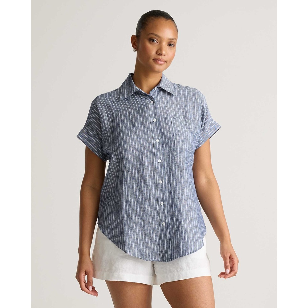 Quince 100% European Linen Camp Shirt Large Blue White Striped Button Down
